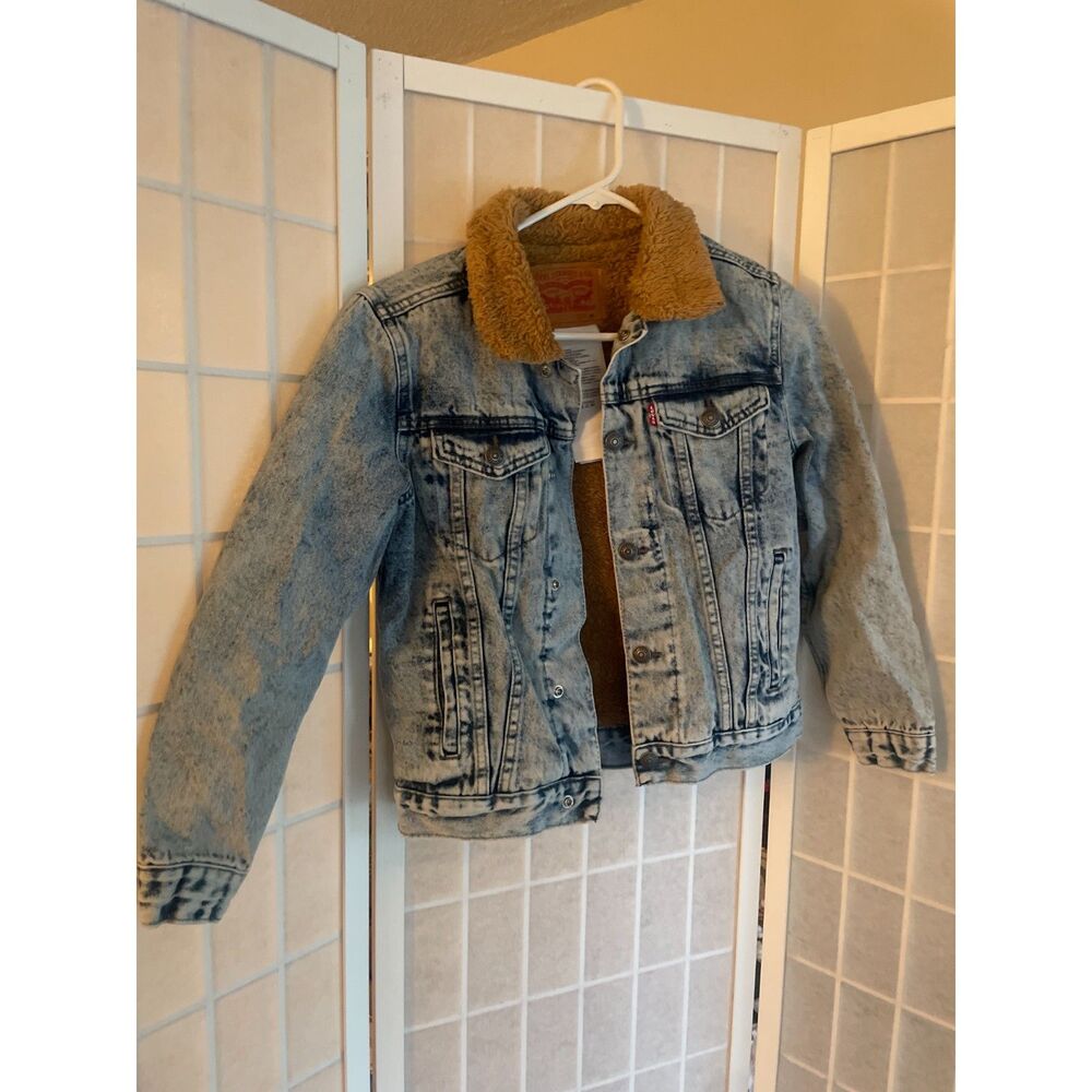Levis Boys Acid Wash Denim Sherpa Trucker Jacket Fleece Collar Size M 10 12